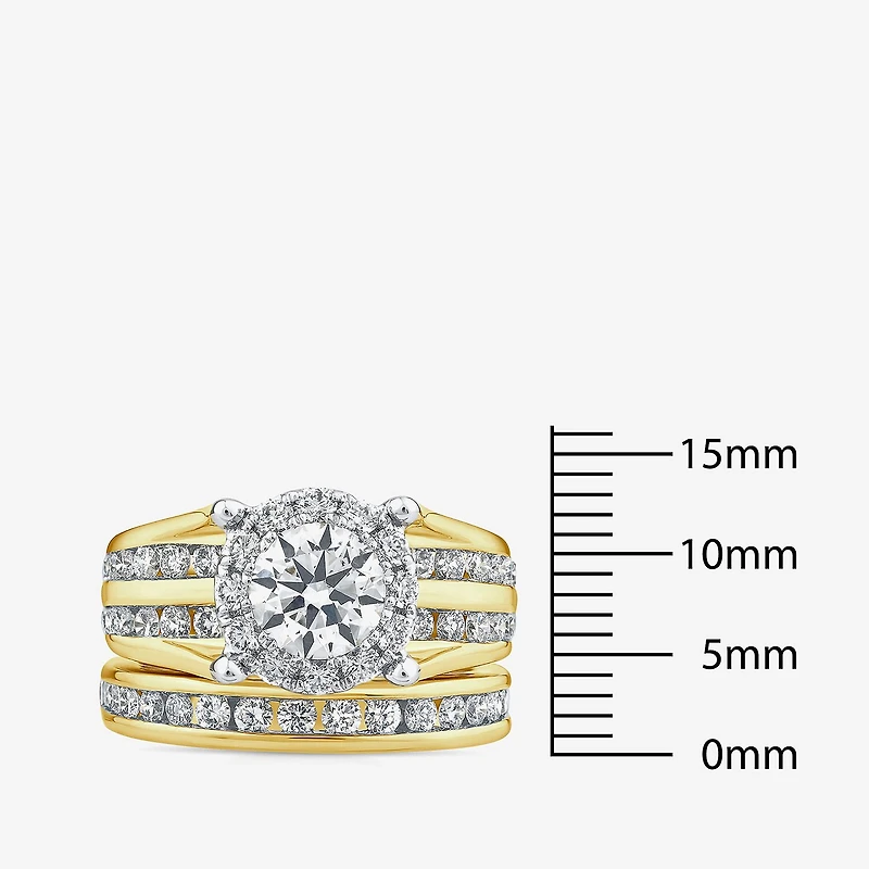 (G / Si1-Si2) Womens 3 CT. T.W. Lab Grown White Diamond 10K Gold Round Side Stone Halo Bridal Set