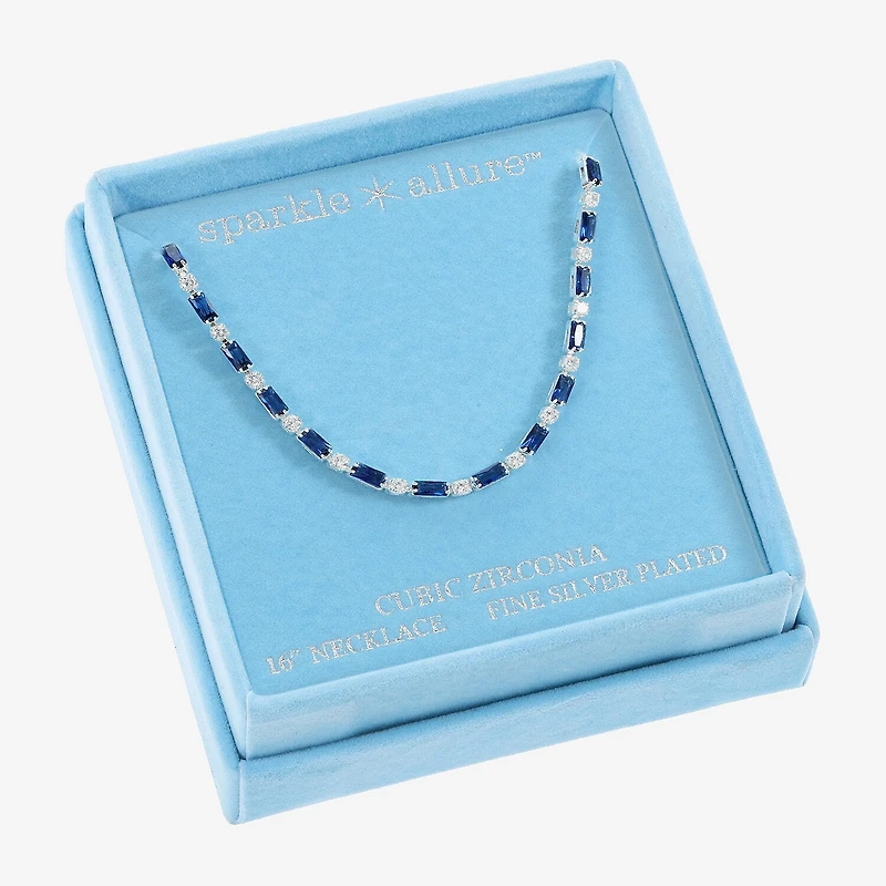 Sparkle Allure Womens Blue Cubic Zirconia Pure Silver Over Brass 16 Inch Tennis Necklace