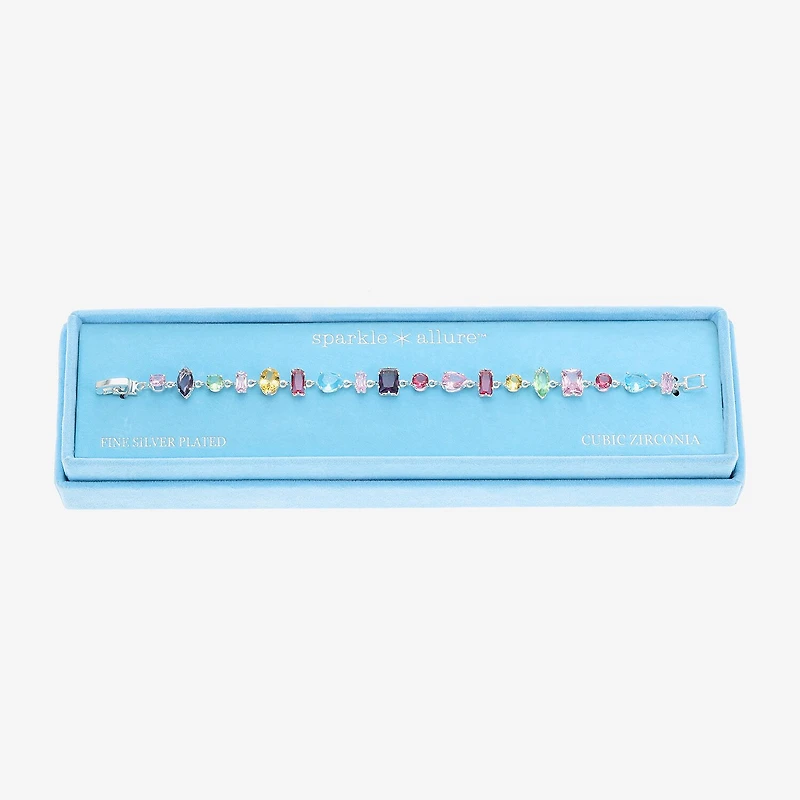 Sparkle Allure Multi Shape Womens Multi Color Cubic Zirconia Pure Silver Over Brass Oval Pear Rectangular 7.5 Inch Tennis Bracelet