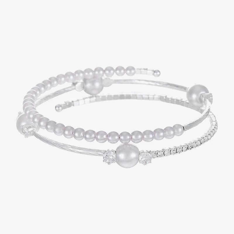 Sparkle Allure Coil Womens Cubic Zirconia Simulated Pearl Pure Silver Over Brass Round Tennis Bracelet