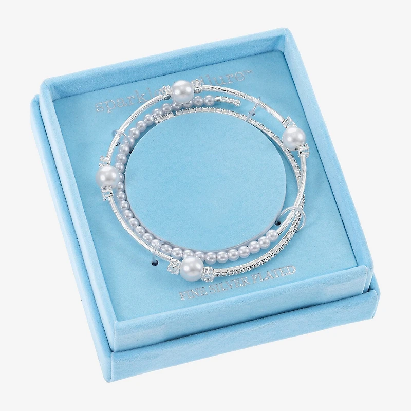 Sparkle Allure Coil Womens Cubic Zirconia Simulated Pearl Pure Silver Over Brass Round Tennis Bracelet