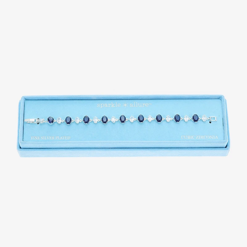 Sparkle Allure Womens Blue Cubic Zirconia Pure Silver Over Brass Oval 7.5 Inch Tennis Bracelet