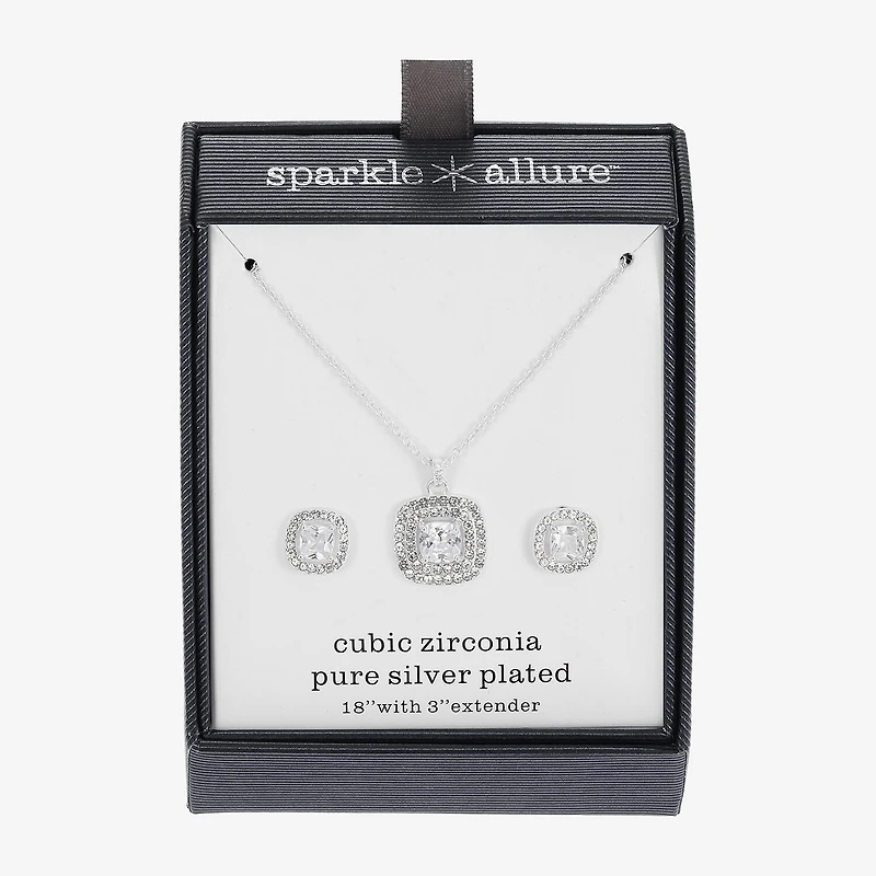 Sparkle Allure Halo Womens Cubic Zirconia Pure Silver Over Brass Square 2-pc. Jewelry Set