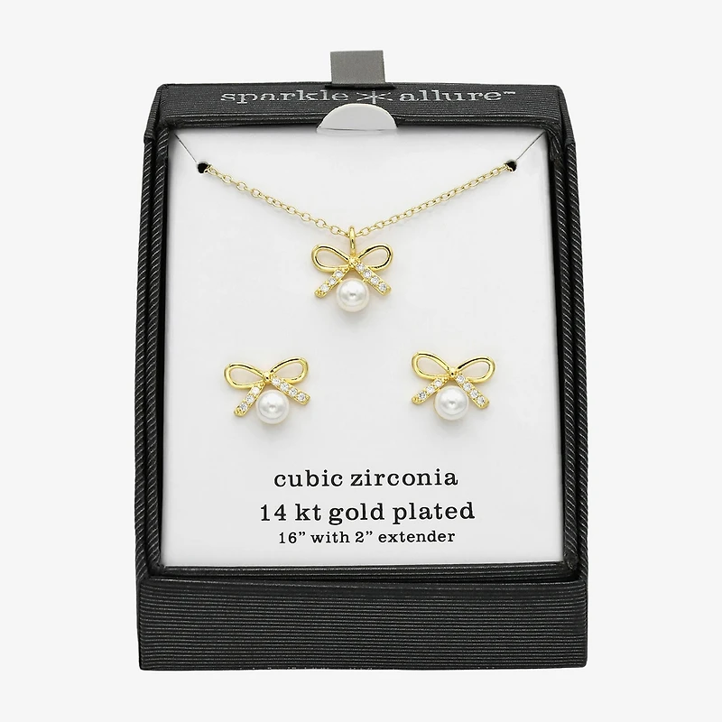 Sparkle Allure Womens Cubic Zirconia Simulated Pearl 14K Gold Over Brass Bow 2-pc. Jewelry Set