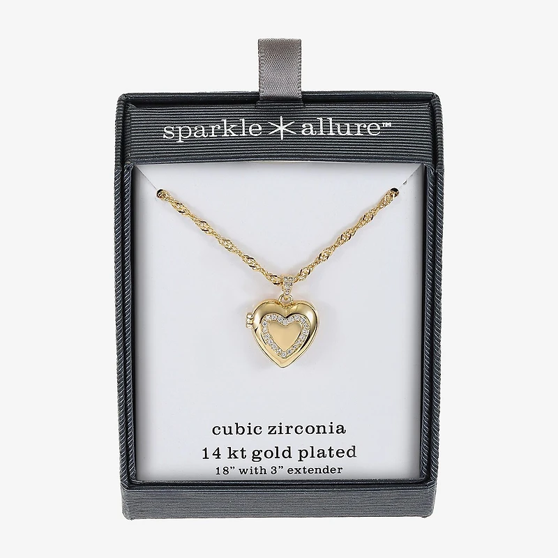 Sparkle Allure Locket Womens Cubic Zirconia 14K Gold Over Brass Heart 18 Inch Pendant Necklace