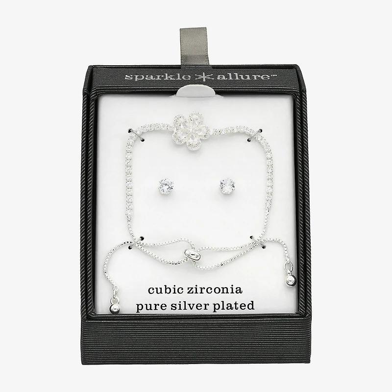 Sparkle Allure Womens Cubic Zirconia Pure Silver Over Brass Flower 2-pc. Jewelry Set