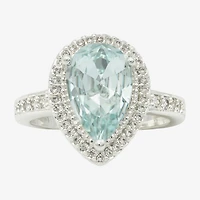 Sparkle Allure Halo Womens Blue Crystal Pure Silver Over Brass Pear Cocktail Ring
