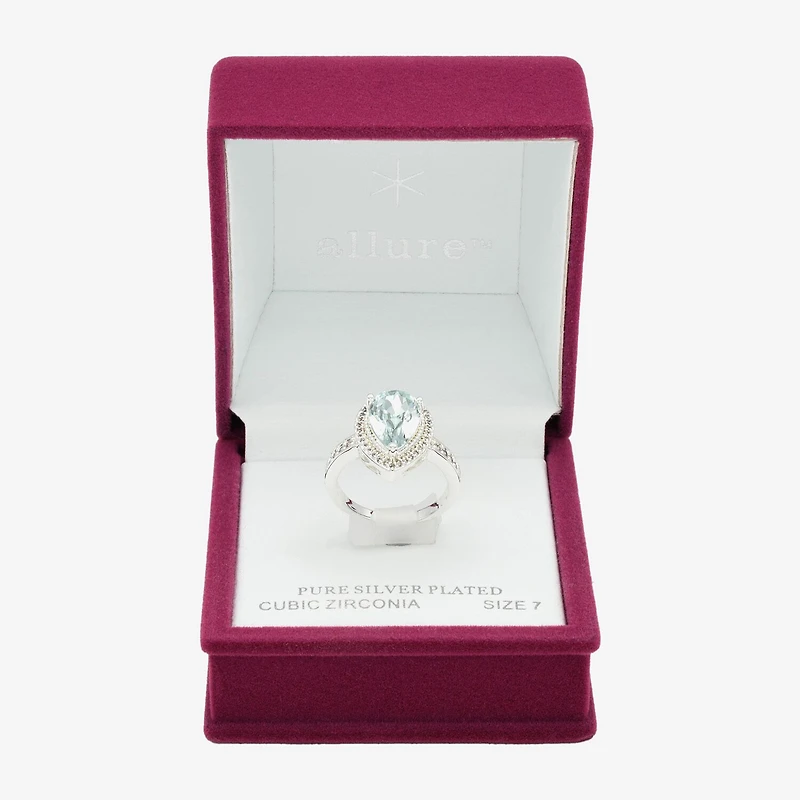 Sparkle Allure Halo Womens Blue Crystal Pure Silver Over Brass Pear Cocktail Ring
