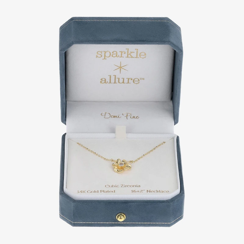 Sparkle Allure Womens Cubic Zirconia 14K Gold Over Brass Flower 16 Inch Pendant Necklace