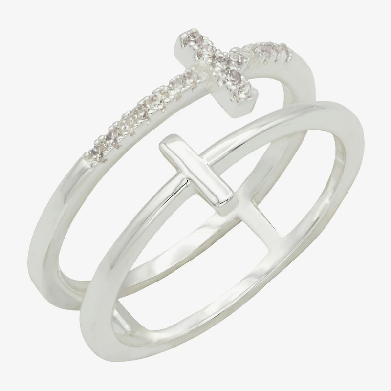 Sparkle Allure Faux Stack Womens 6MM Cubic Zirconia Pure Silver Over Brass Cross Band