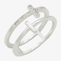 Sparkle Allure Faux Stack Womens 6MM Cubic Zirconia Pure Silver Over Brass Cross Band
