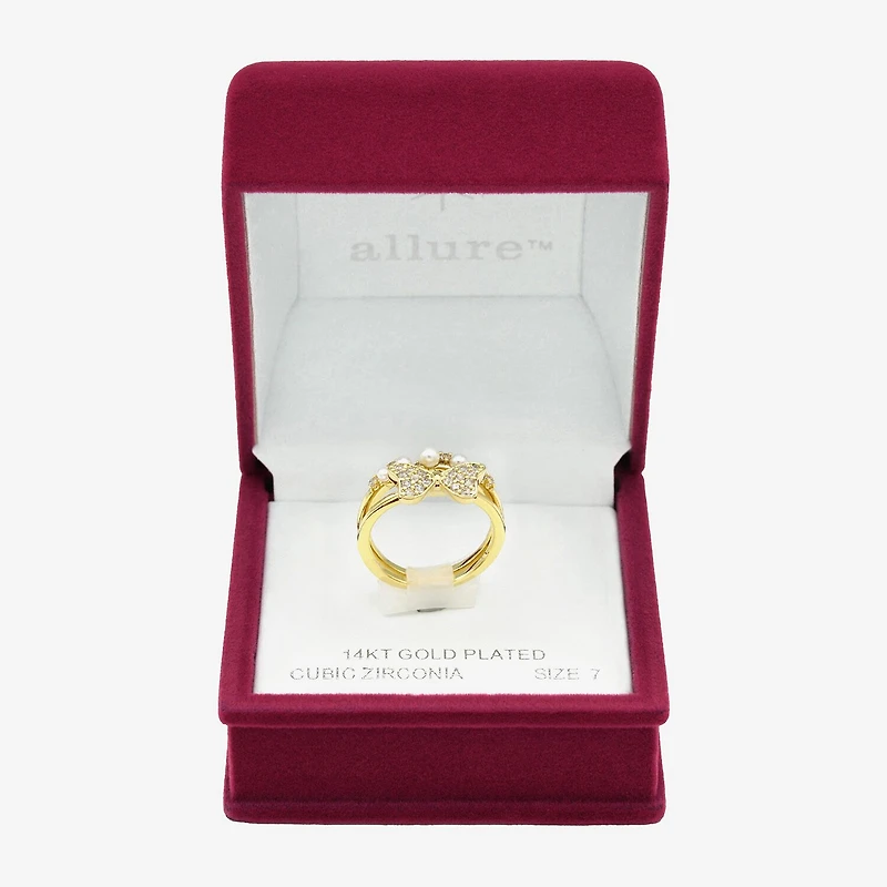 Sparkle Allure Faux Stack Womens 3.5MM 2MM Simulated Pearl Cubic Zirconia 14K Gold Over Brass Bow Band