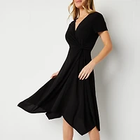 Perceptions Womens Midi V Neck Short Sleeve Fit + Flare Dress