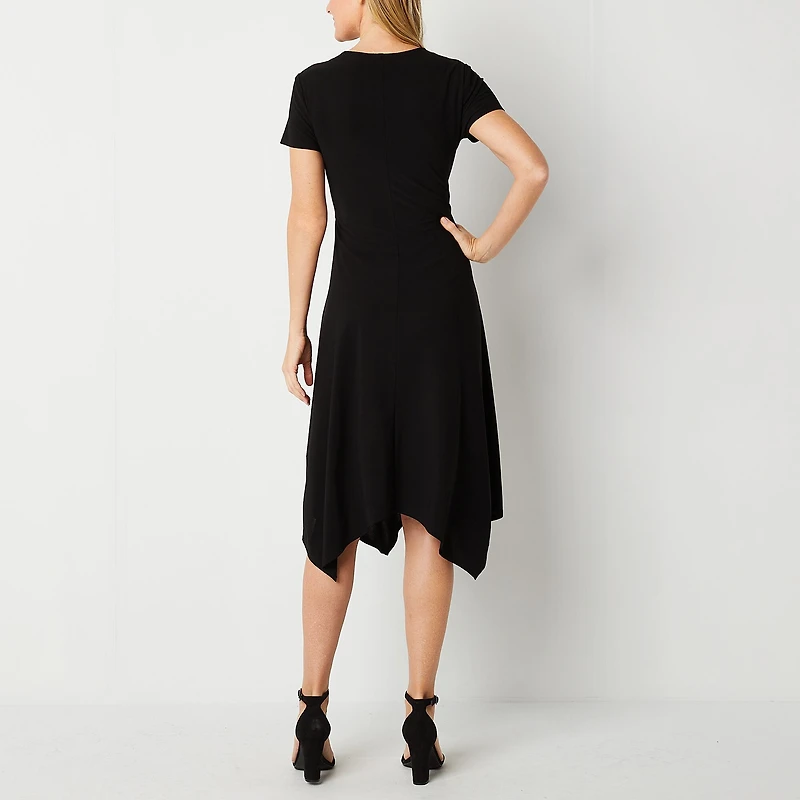 Perceptions Womens Midi V Neck Short Sleeve Fit + Flare Dress