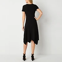 Perceptions Womens Midi V Neck Short Sleeve Fit + Flare Dress