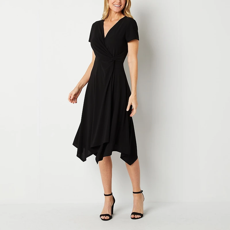 Perceptions Womens Midi V Neck Short Sleeve Fit + Flare Dress
