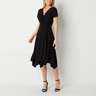 Perceptions Womens Midi V Neck Short Sleeve Fit + Flare Dress