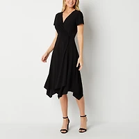 Perceptions Womens Midi V Neck Short Sleeve Fit + Flare Dress