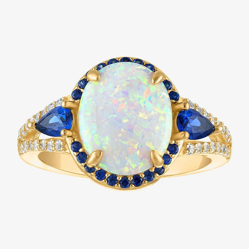 Womens Lab Created White Opal 14K Gold Over Silver Oval Halo Cocktail Ring