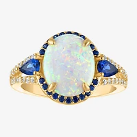 Womens Lab Created White Opal 14K Gold Over Silver Oval Halo Cocktail Ring
