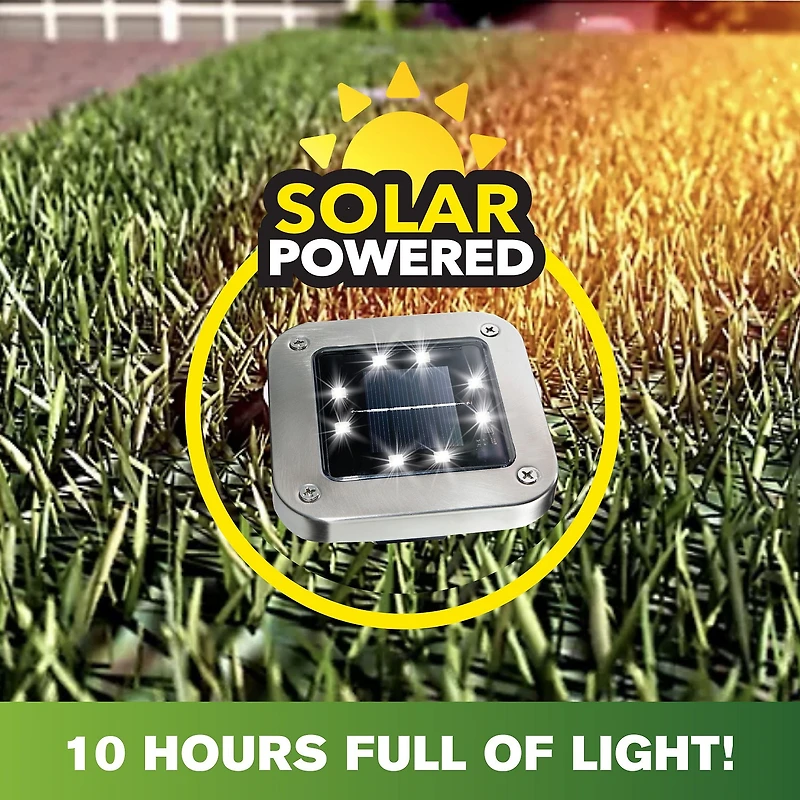 Bell + Howell 8 LED Super Bright Solar Powered Square Disk Light with Auto On/Off Lighting and Waterproof Rust-Free Stainless Tops - 4 Pack