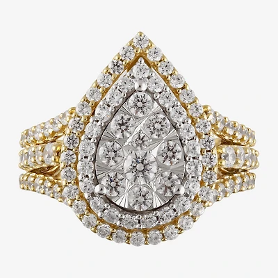 (H-I / I1) Womens 2 CT. T.W. Lab Grown White Diamond 10K Gold Pear Halo Cocktail Ring