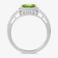 Womens Genuine Green Peridot Sterling Silver Halo Side Stone Cocktail Ring