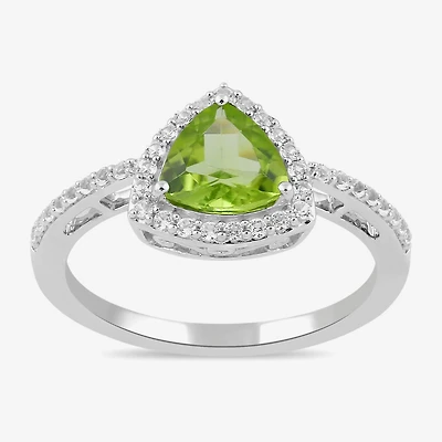 Womens Genuine Green Peridot Sterling Silver Halo Side Stone Cocktail Ring