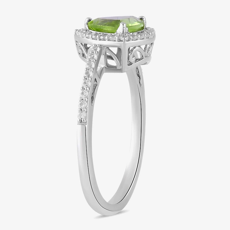 Womens Genuine Green Peridot Sterling Silver Halo Side Stone Cocktail Ring