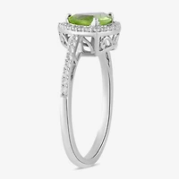 Womens Genuine Green Peridot Sterling Silver Halo Side Stone Cocktail Ring