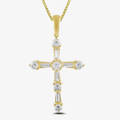 Womens 1 CT. T.W. Lab Grown White Diamond 10K Gold Cross 18 Inch Pendant Necklace
