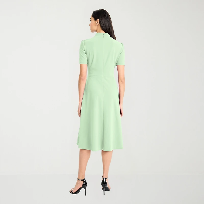 London Style Womens Midi High Neck Short Sleeve Fit + Flare Dress