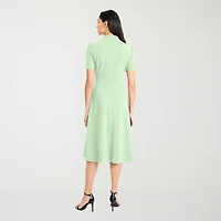 London Style Womens Midi High Neck Short Sleeve Fit + Flare Dress