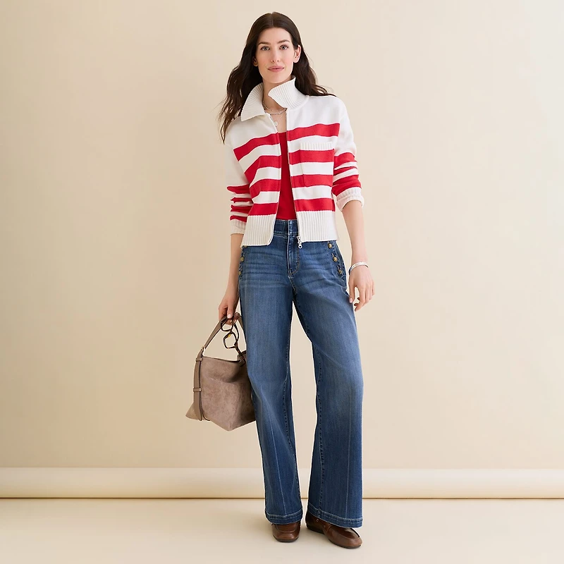 St. John's Bay Womens Long Sleeve Open Front Zipper Striped Cardigan