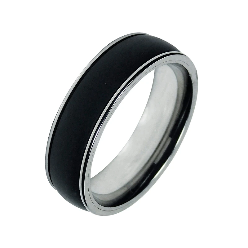 Mens 7mm Black Titanium and Stainless Steel Wedding Band