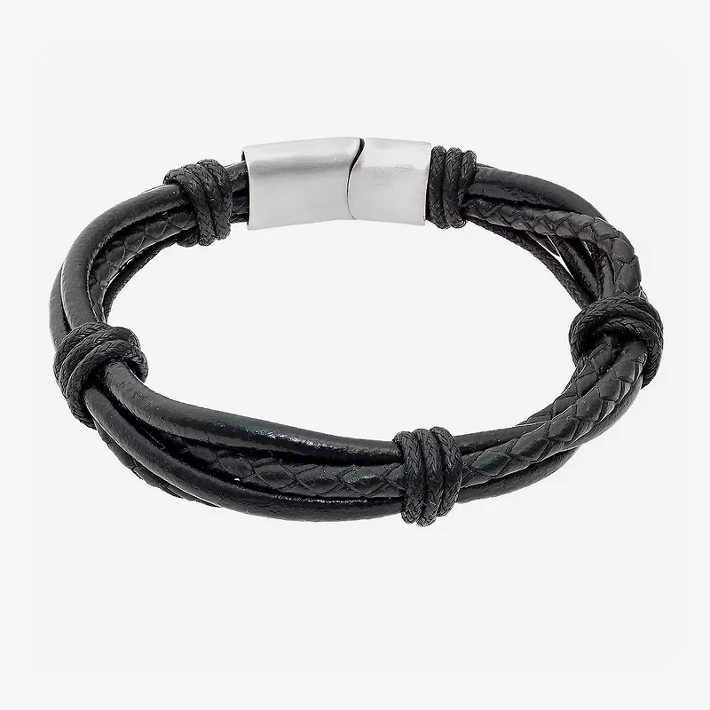 Mens Black Leather Bracelet with Stainless Steel Magnetic Clasp
