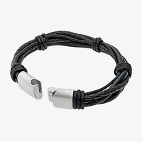 Mens Black Leather Bracelet with Stainless Steel Magnetic Clasp