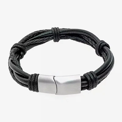 Mens Black Leather Bracelet with Stainless Steel Magnetic Clasp