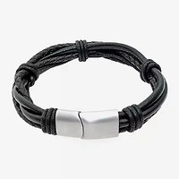 Mens Black Leather Bracelet with Stainless Steel Magnetic Clasp