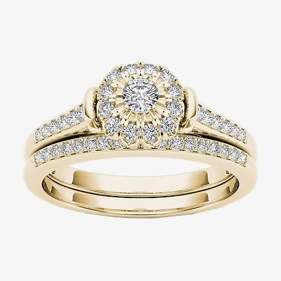 Womens / CT. T.W. Natural Diamond 10K Gold Round Side Stone Halo Bridal Set
