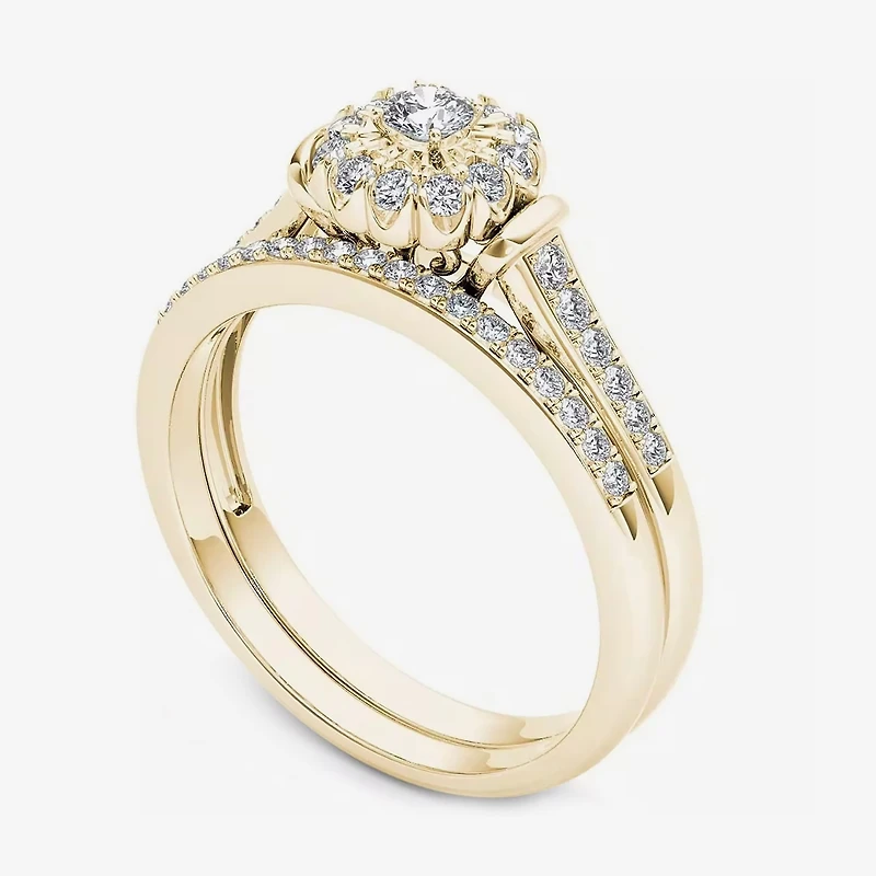 Womens / CT. T.W. Natural Diamond 10K Gold Round Side Stone Halo Bridal Set