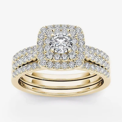 1 CT.T.W. Natural Diamond 10K Yellow Gold Halo Bridal Ring Set