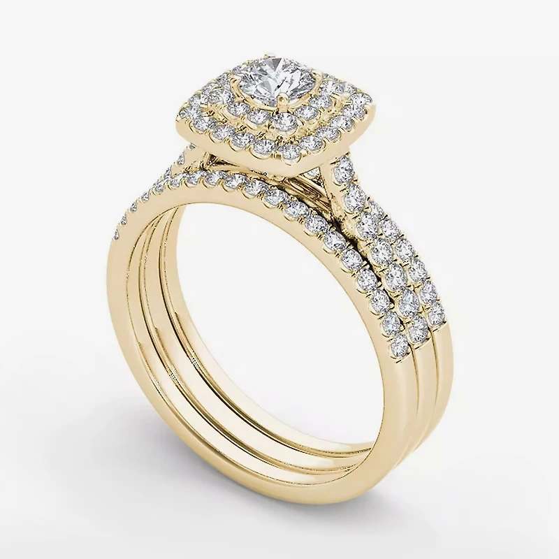 1 CT.T.W. Natural Diamond 10K Yellow Gold Halo Bridal Ring Set