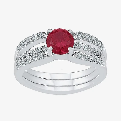 Modern Bride Gemstone Lab Created Ruby & Sapphire Sterling Silver Bridal Set