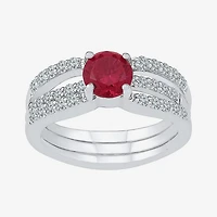 Modern Bride Gemstone Lab Created Ruby & Sapphire Sterling Silver Bridal Set