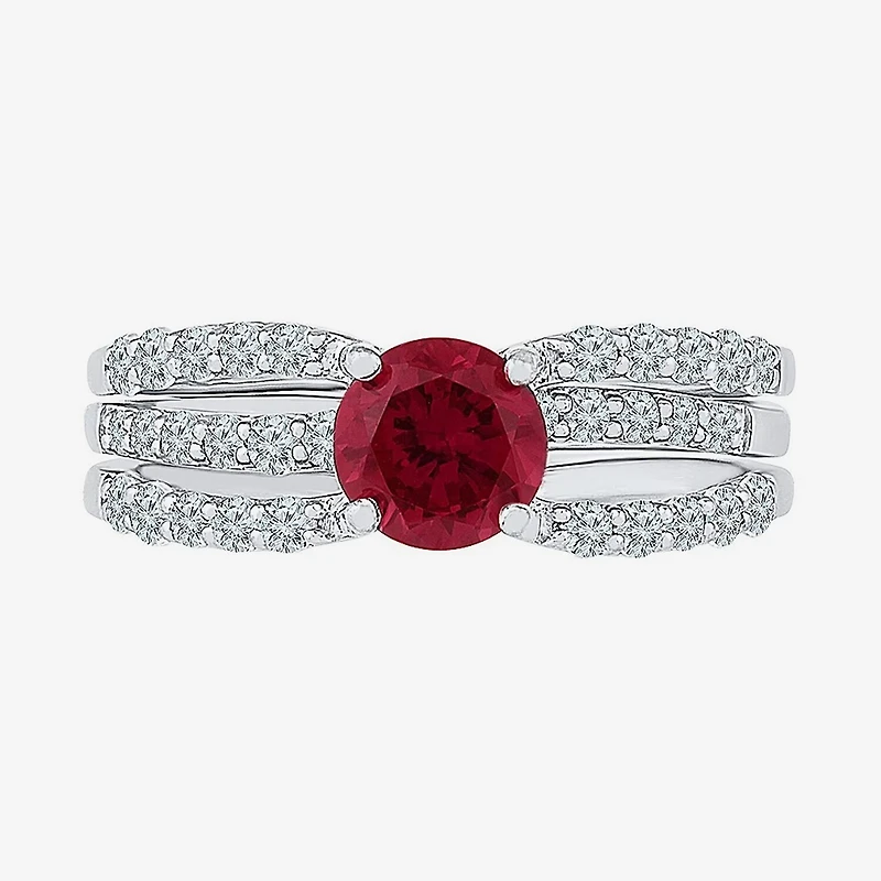 Modern Bride Gemstone Lab Created Ruby & Sapphire Sterling Silver Bridal Set