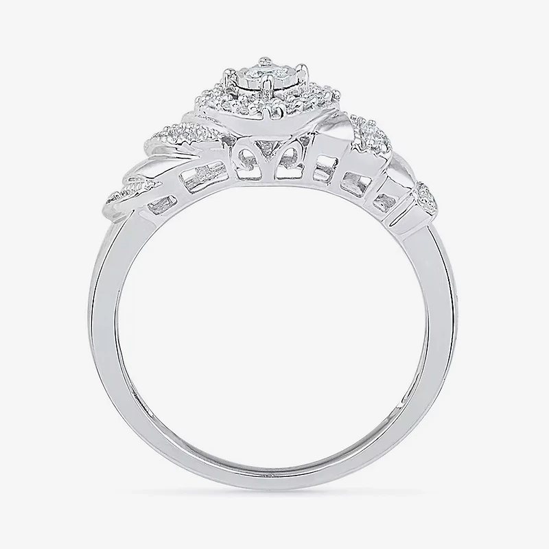 Promise My Love Womens 1/5 CT. Natural White Diamond Sterling Silver Cushion Side Stone Halo Ring
