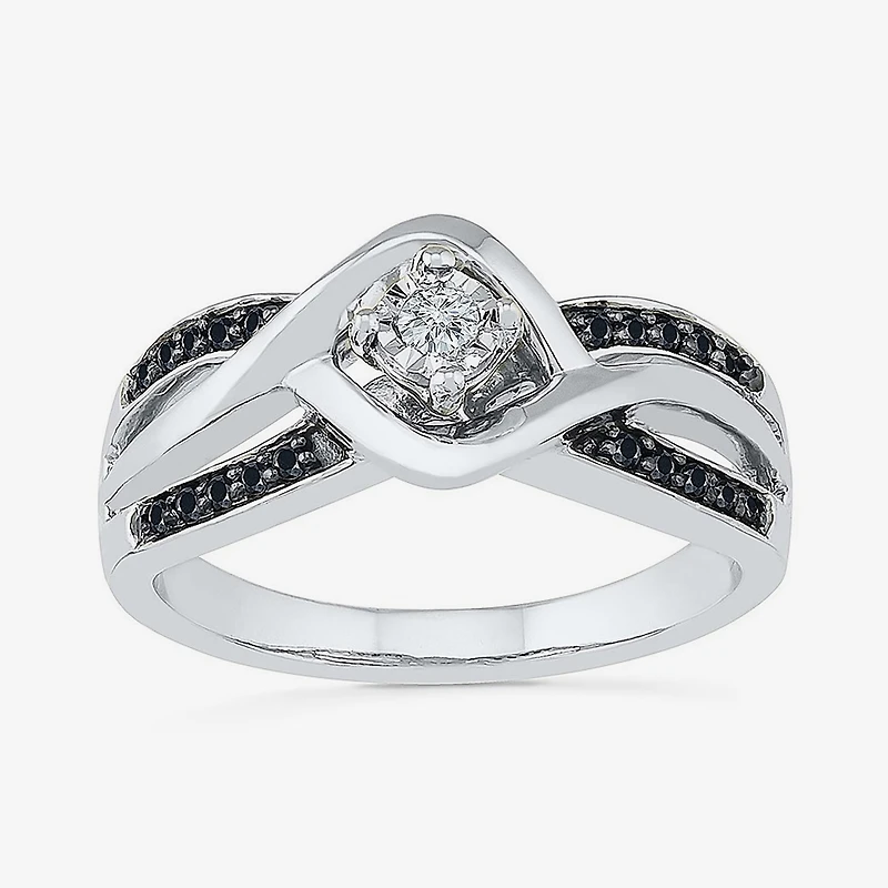 Womens 1/8 CT. T.W. Natural Black Diamond Sterling Silver Round Crossover Side Stone Promise Ring