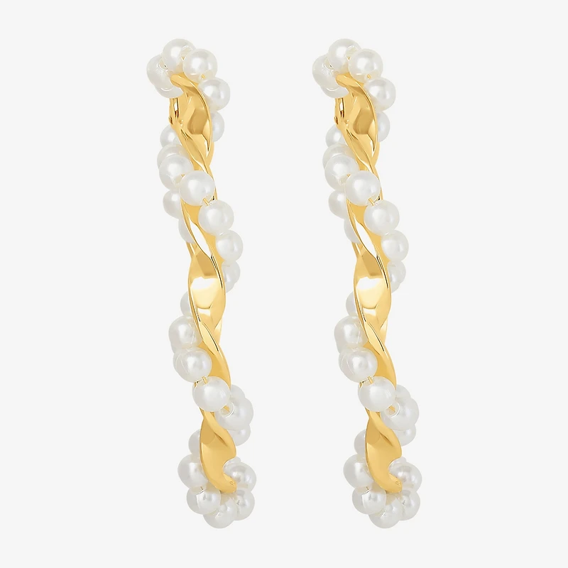 JS Jessica Simpson Gold Tone Womens Simulated Pearl 52.2mm Hoop Earrings