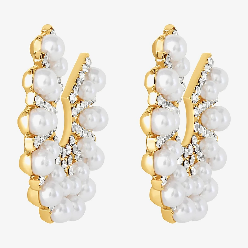 JS Jessica Simpson Gold Tone Womens Glass Simulated Pearl 37.9mm Hoop Earrings